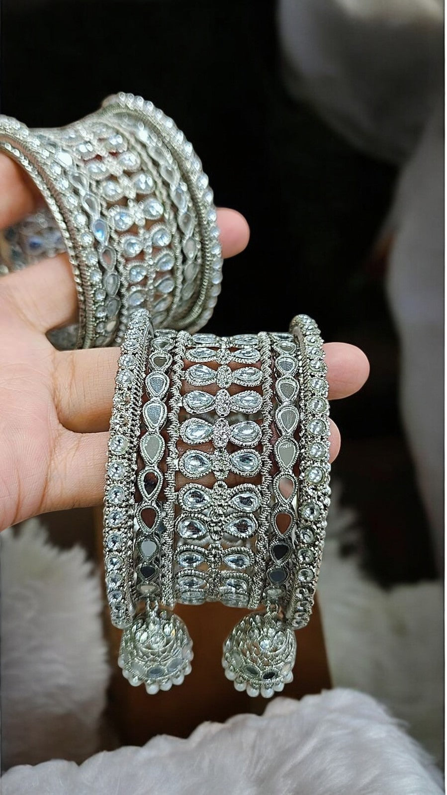Silver Kundan Touch Look Bangle Set – Elegant Stone-Studded Traditional Jewelry - Libasaa.com