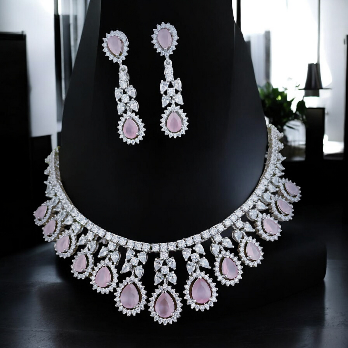Silver Finish Cz Choker Earring Indian Jewelry Set, Silver AD jewelry, Silver finish Bridal Jewelry, AD Neckace, AD earrings Set, CZ Wedding Necklace, pakistani Choker - Libasaa.com