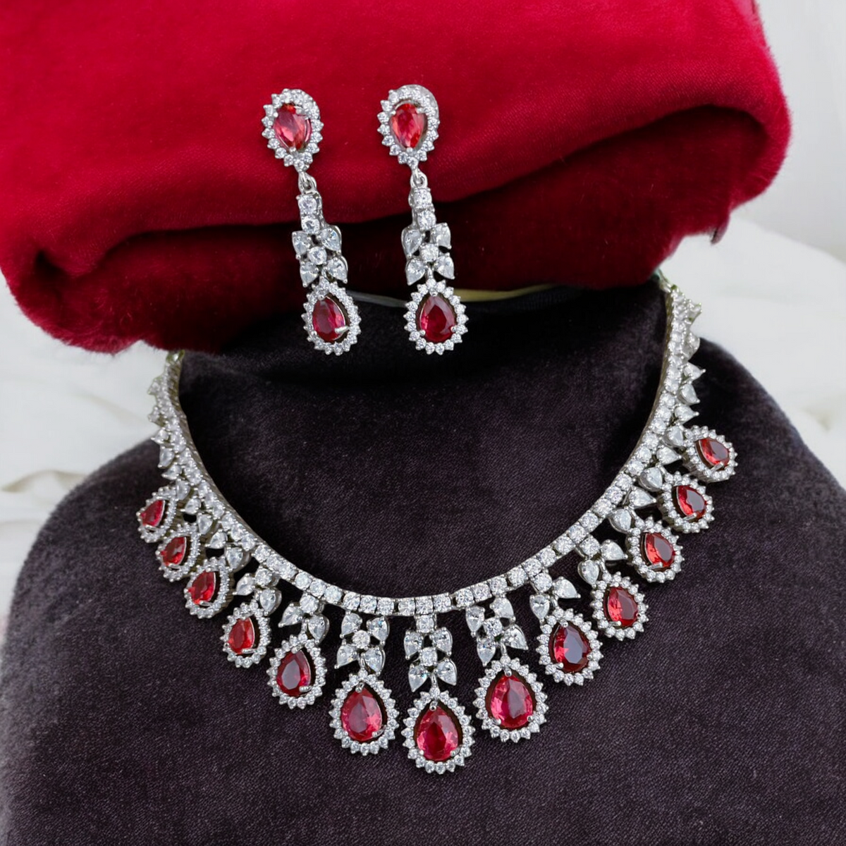 Silver Finish Cz Choker Earring Indian Jewelry Set, Silver AD jewelry, Silver finish Bridal Jewelry, AD Neckace, AD earrings Set, CZ Wedding Necklace, pakistani Choker - Libasaa.com