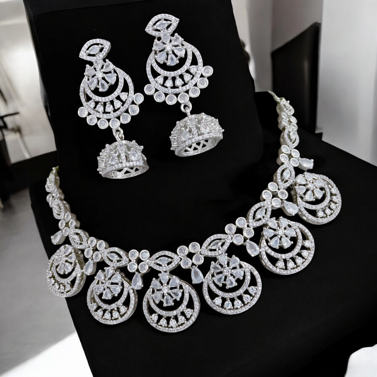 Shinning Accents AD Choker Jhumki Jewelry Set, AD Jhumki, CZ Jhumka, AD Necklace Jhumki set, Bridal Special Jewellery set, Best AD Jewelry, Bollywood CZ Choker Jhumki Set - Libasaa.com