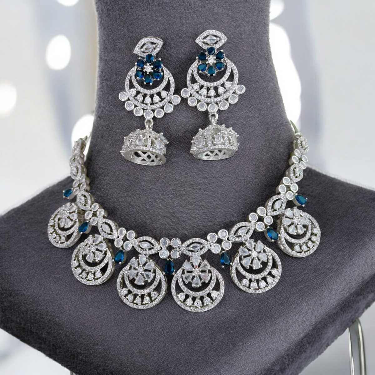 Shinning Accents AD Choker Jhumki Jewelry Set, AD Jhumki, CZ Jhumka, AD Necklace Jhumki set, Bridal Special Jewellery set, Best AD Jewelry, Bollywood CZ Choker Jhumki Set - Libasaa.com