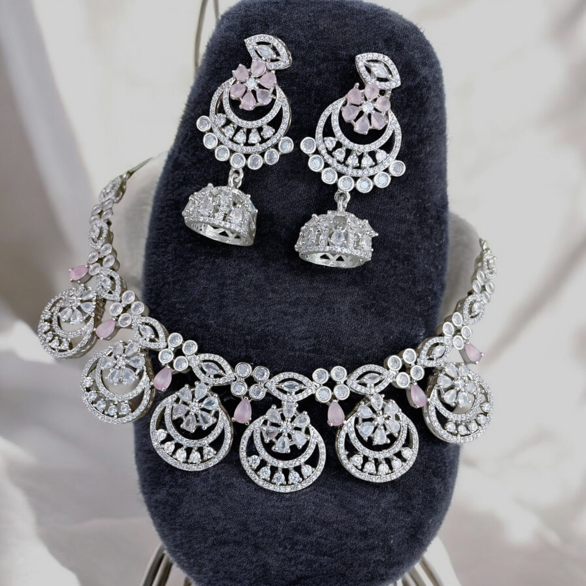 Shinning Accents AD Choker Jhumki Jewelry Set, AD Jhumki, CZ Jhumka, AD Necklace Jhumki set, Bridal Special Jewellery set, Best AD Jewelry, Bollywood CZ Choker Jhumki Set - Libasaa.com