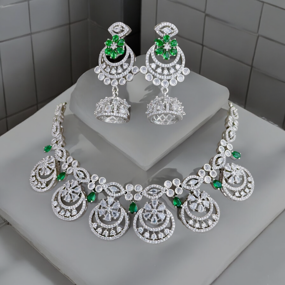 Shinning Accents AD Choker Jhumki Jewelry Set, AD Jhumki, CZ Jhumka, AD Necklace Jhumki set, Bridal Special Jewellery set, Best AD Jewelry, Bollywood CZ Choker Jhumki Set - Libasaa.com