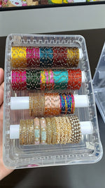 Glossy Stone Glass Combo Box with Beautiful Stone Bangles & 4-Roll Storage Box