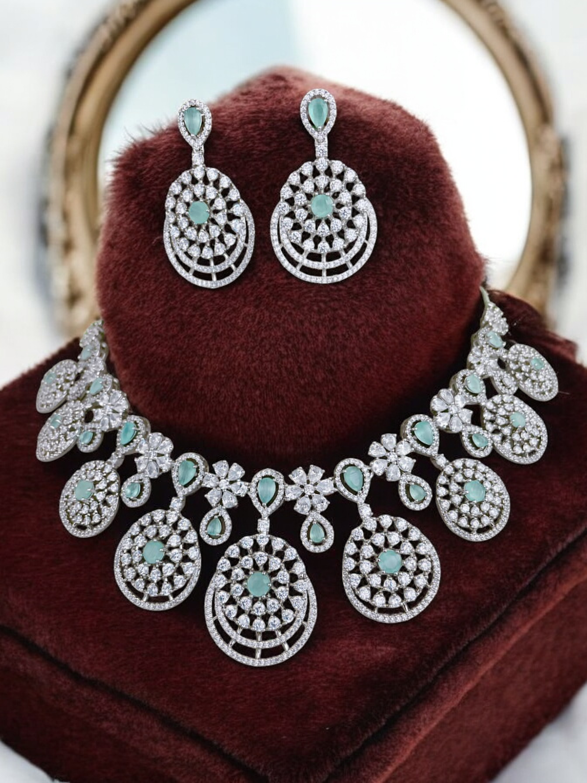 Stunning Silver Plated AD Choker Necklace Chandbali Set, AD Chandbali, CZ Necklace Chandbali Set, Indian AD Choker Chandbali, Pakistani AD Earrings Set, Wedding AD Choker Set - Libasaa.com