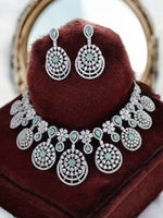 Stunning Silver Plated AD Choker Necklace Chandbali Set, AD Chandbali, CZ Necklace Chandbali Set, Indian AD Choker Chandbali, Pakistani AD Earrings Set, Wedding AD Choker Set - Libasaa.com