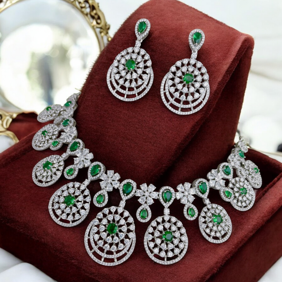 Stunning Silver Plated AD Choker Necklace Chandbali Set, AD Chandbali, CZ Necklace Chandbali Set, Indian AD Choker Chandbali, Pakistani AD Earrings Set, Wedding AD Choker Set - Libasaa.com