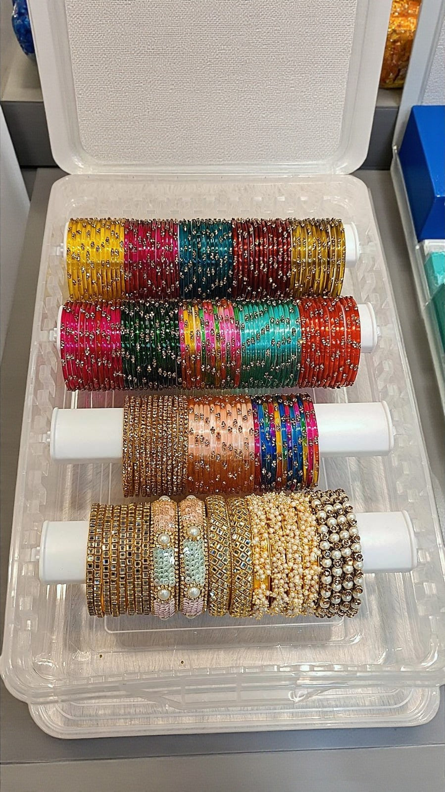 Glossy Stone Glass Combo Box with Beautiful Stone Bangles & 4-Roll Storage Box