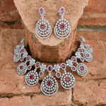 Stunning Silver Plated AD Choker Necklace Chandbali Set, AD Chandbali, CZ Necklace Chandbali Set, Indian AD Choker Chandbali, Pakistani AD Earrings Set, Wedding AD Choker Set - Libasaa.com