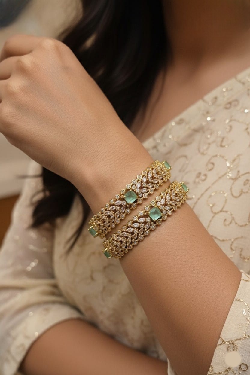Elegant Gold Plated AD & Mint Green Stone Bangle Set | Cz Diamond Imitation Jewelry - Libasaa.com