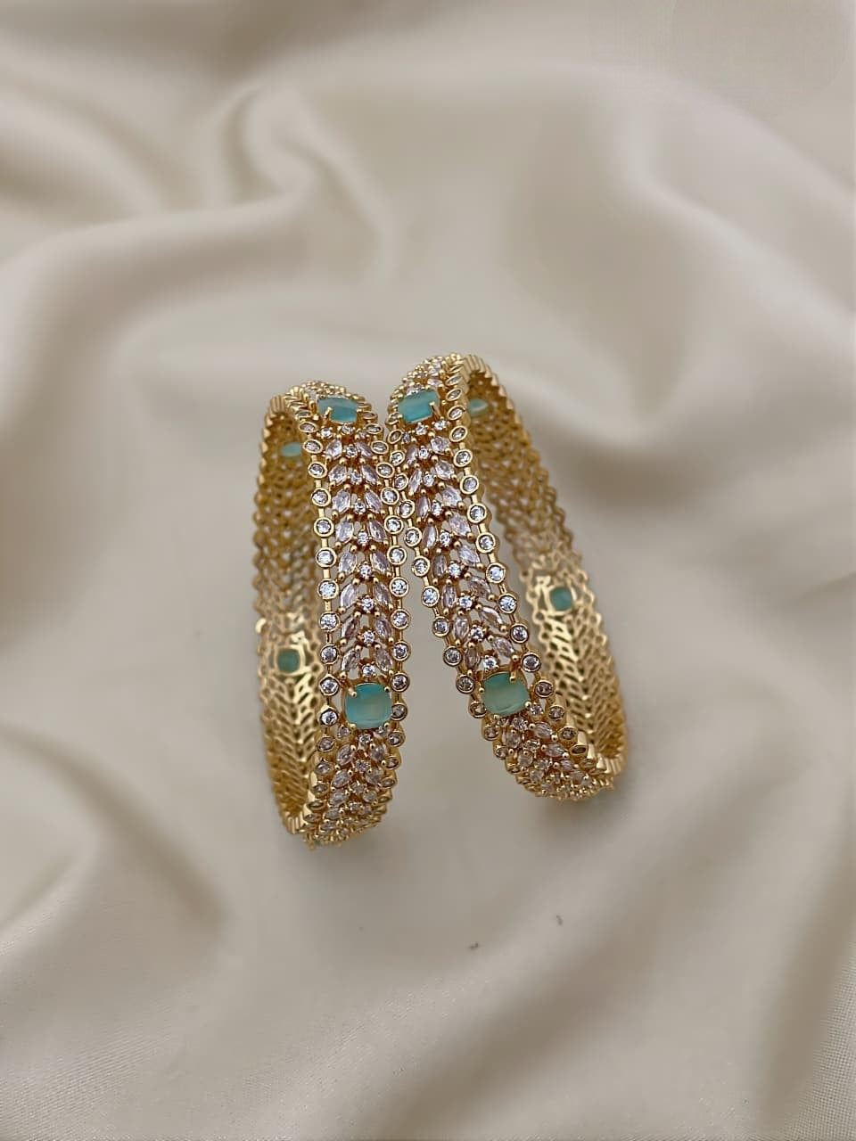 Elegant Gold Plated AD & Mint Green Stone Bangle Set | Cz Diamond Imitation Jewelry - Libasaa.com