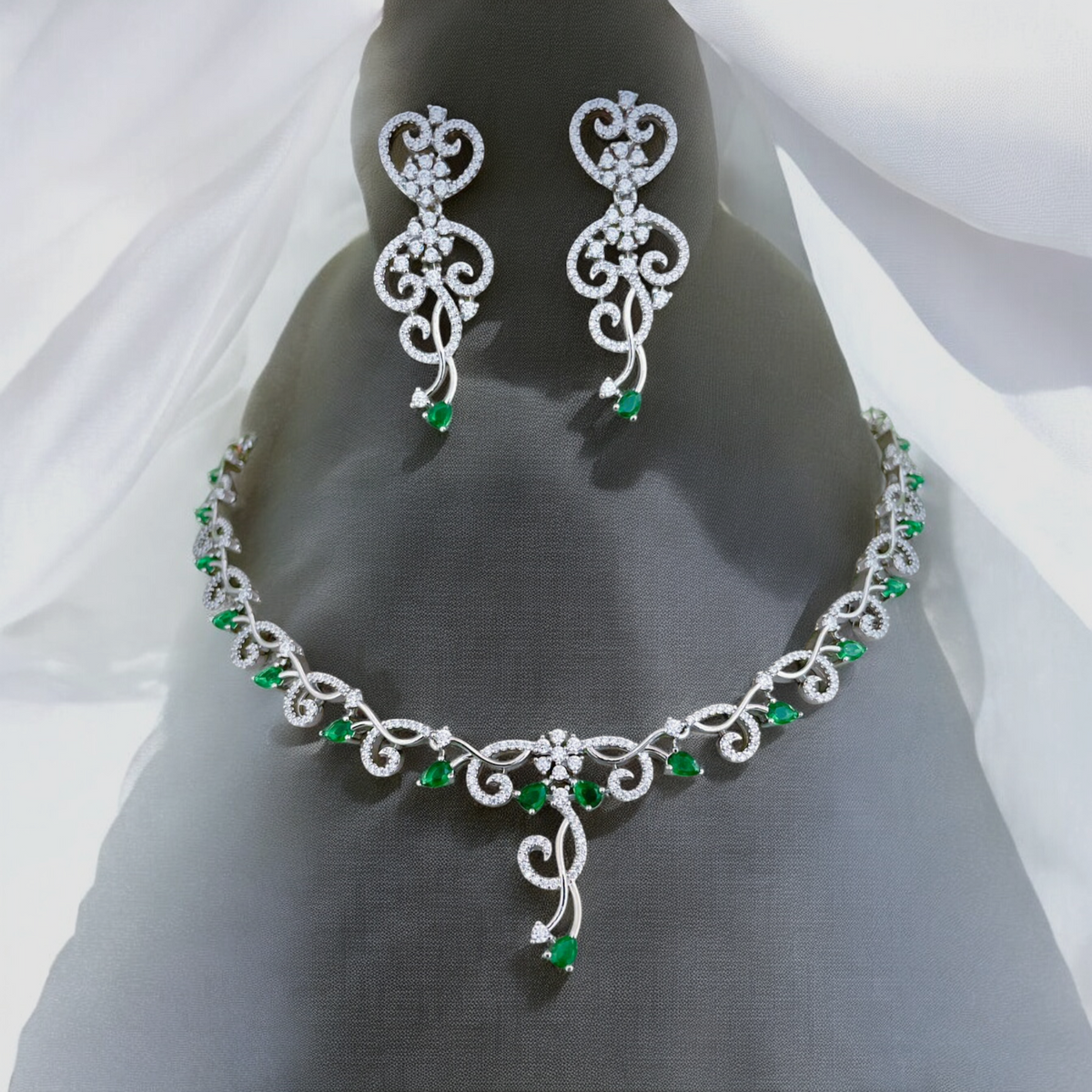 Green Drops AD Neckace Earrings Wedding Jewelry, Green Jewelry Set, CZ Green Choker, AD Green Necklace, AD Earings Set, Bridal Green Jewelry - Libasaa.com