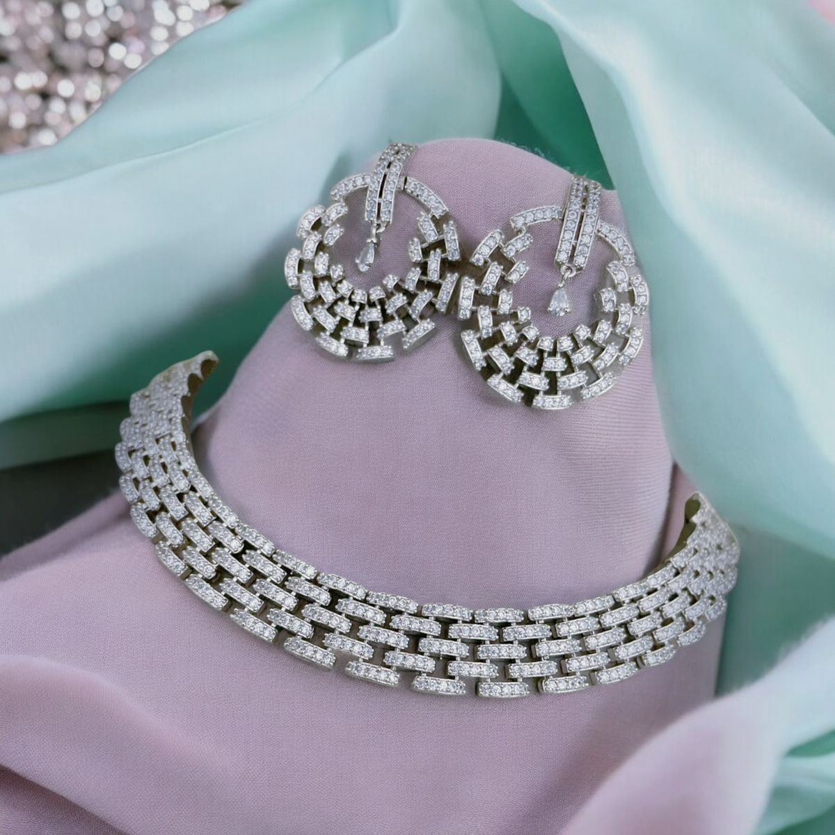 Dazzling American Diamond Choker Matching Chandbali Set, CZ Choker Chandbali Set, Bridal AD Choker, Wedding CZ Chandbali, Indian AD Choker Earrings - Libasaa.com