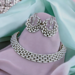 Dazzling American Diamond Choker Matching Chandbali Set, CZ Choker Chandbali Set, Bridal AD Choker, Wedding CZ Chandbali, Indian AD Choker Earrings - Libasaa.com