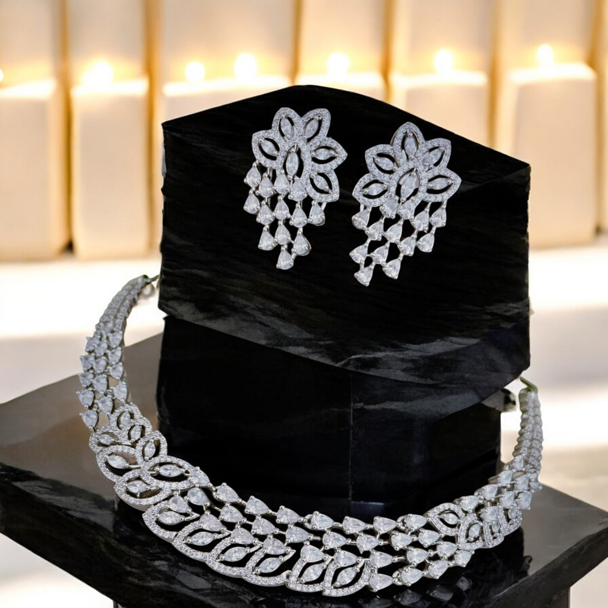 Weddings AD Chandelier Choker Earrings Set, AD Earrings, Bollywood AD Jewelry, Indian Wedding AD Jewelry, Pakistani AD Choker, AD Necklace Set - Libasaa.com