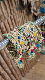 Royal Irani Multi-Stone Bangles Set with Moti Jhumar Design