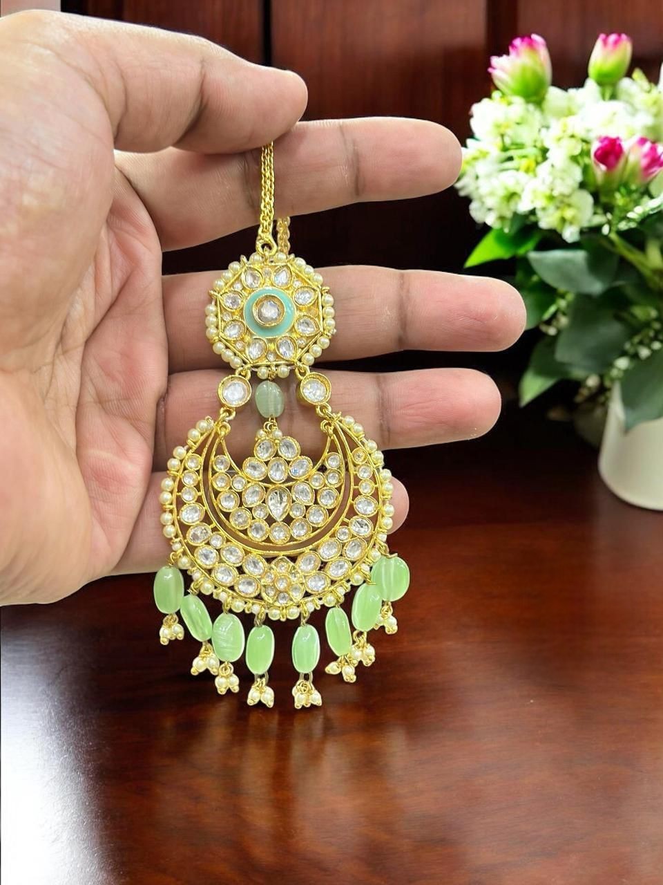 Green & Gold Plated Kundan Maang Tikka with Beads | Bridal & Festive Hair Jewelry - Libasaa.com