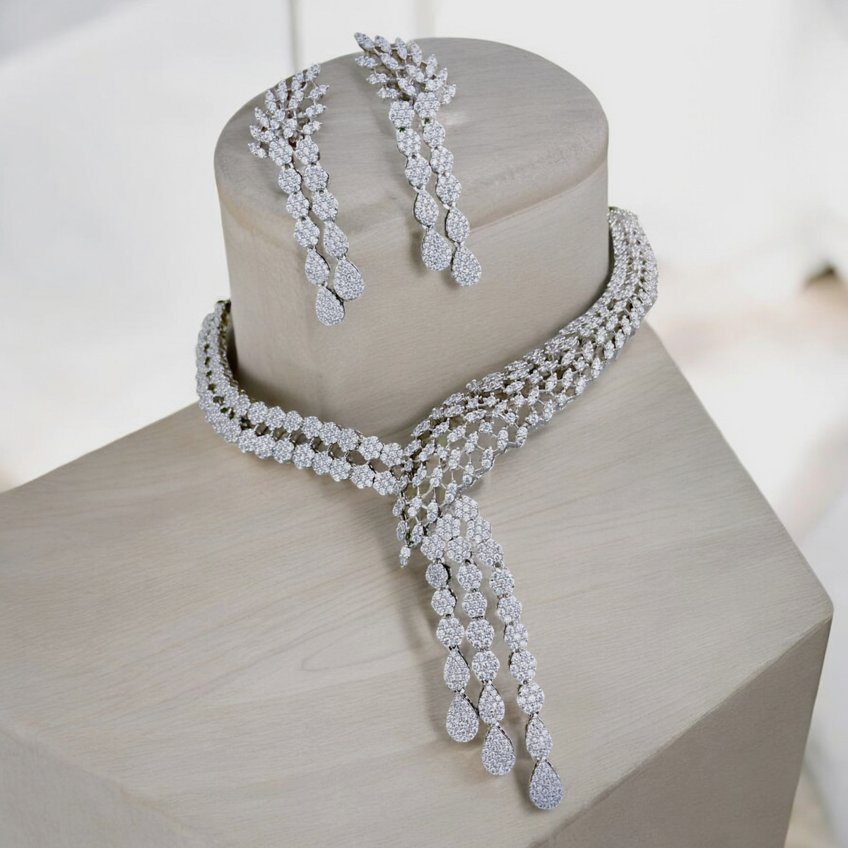 Stylish Bollywood Inspired CZ Jewellery Set, CZ Necklace, CZ Earrings Set, AD Indian Jewelry, AD Pakistani necklace, AD Bollywood Earrings Set, CZ Choker, Wedding AD Jewellery Set - Libasaa.com