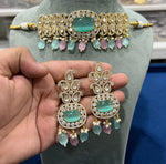 Elegant Wedding CZ Choker Matching FloralEarrings Set, Floral AD Jewelry Set, Floral CZ Choker Earrings, AD jewelry set, Wedding AD Floral Necklace - Libasaa.com