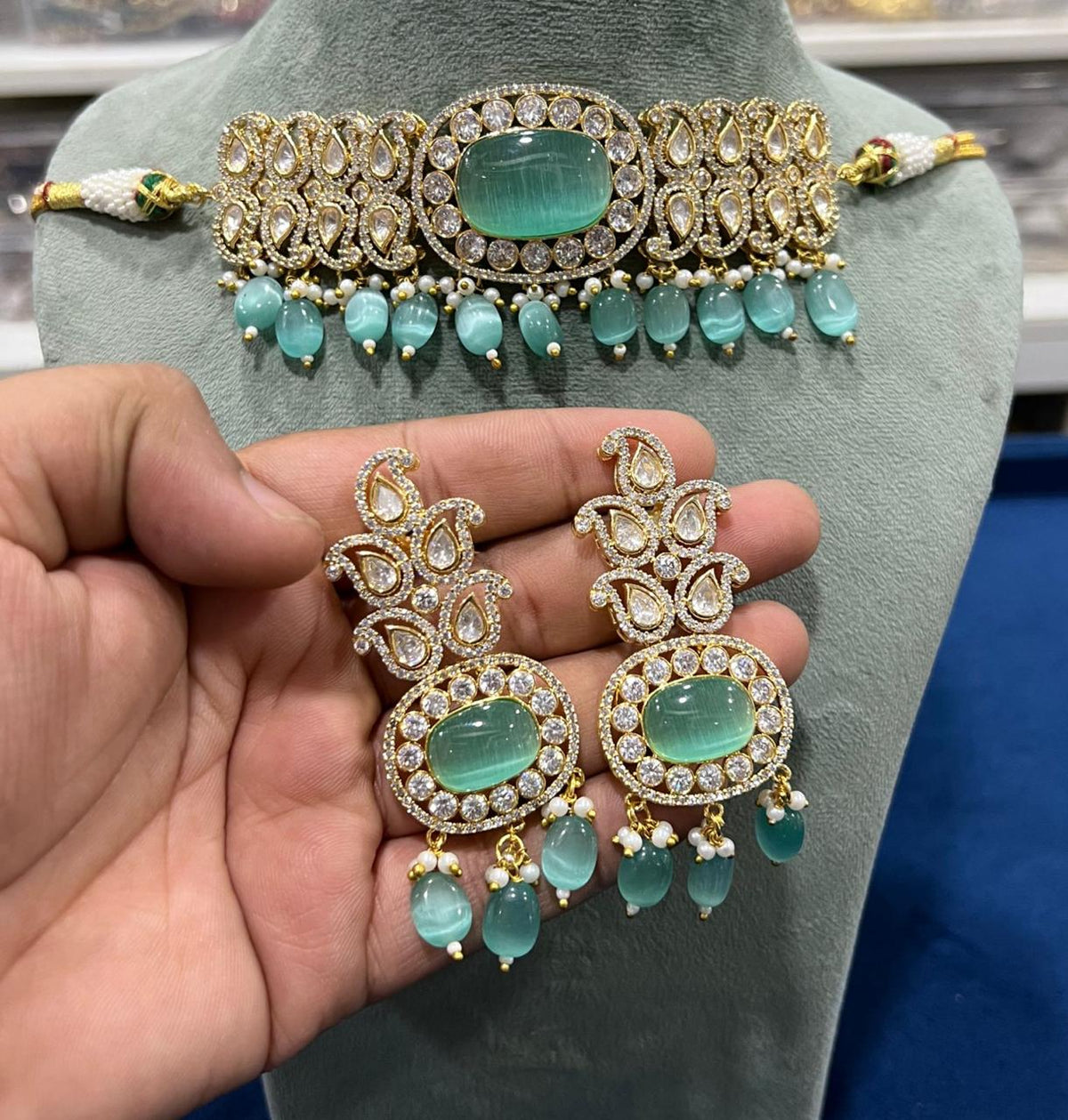 Elegant Wedding CZ Choker Matching FloralEarrings Set, Floral AD Jewelry Set, Floral CZ Choker Earrings, AD jewelry set, Wedding AD Floral Necklace - Libasaa.com