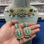 Pakistani CZ Choker Earrings AD Jewelry Set, Pakistani AD Jewelry, AD Jewelry, Cz Necklace Set, CZ earrings, Woman AD Choker, Bridal AD Earrings, Celebrity AD Choker, Celebrity AD Earrings Set, Celebrity CZ Jewellery Set - Libasaa.com
