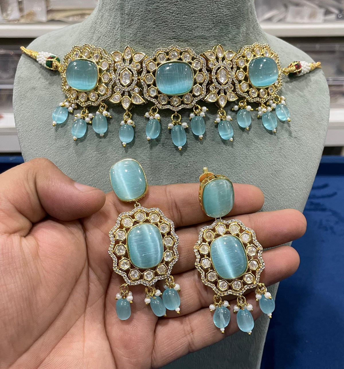 Pakistani CZ Choker Earrings AD Jewelry Set, Pakistani AD Jewelry, AD Jewelry, Cz Necklace Set, CZ earrings, Woman AD Choker, Bridal AD Earrings, Celebrity AD Choker, Celebrity AD Earrings Set, Celebrity CZ Jewellery Set - Libasaa.com