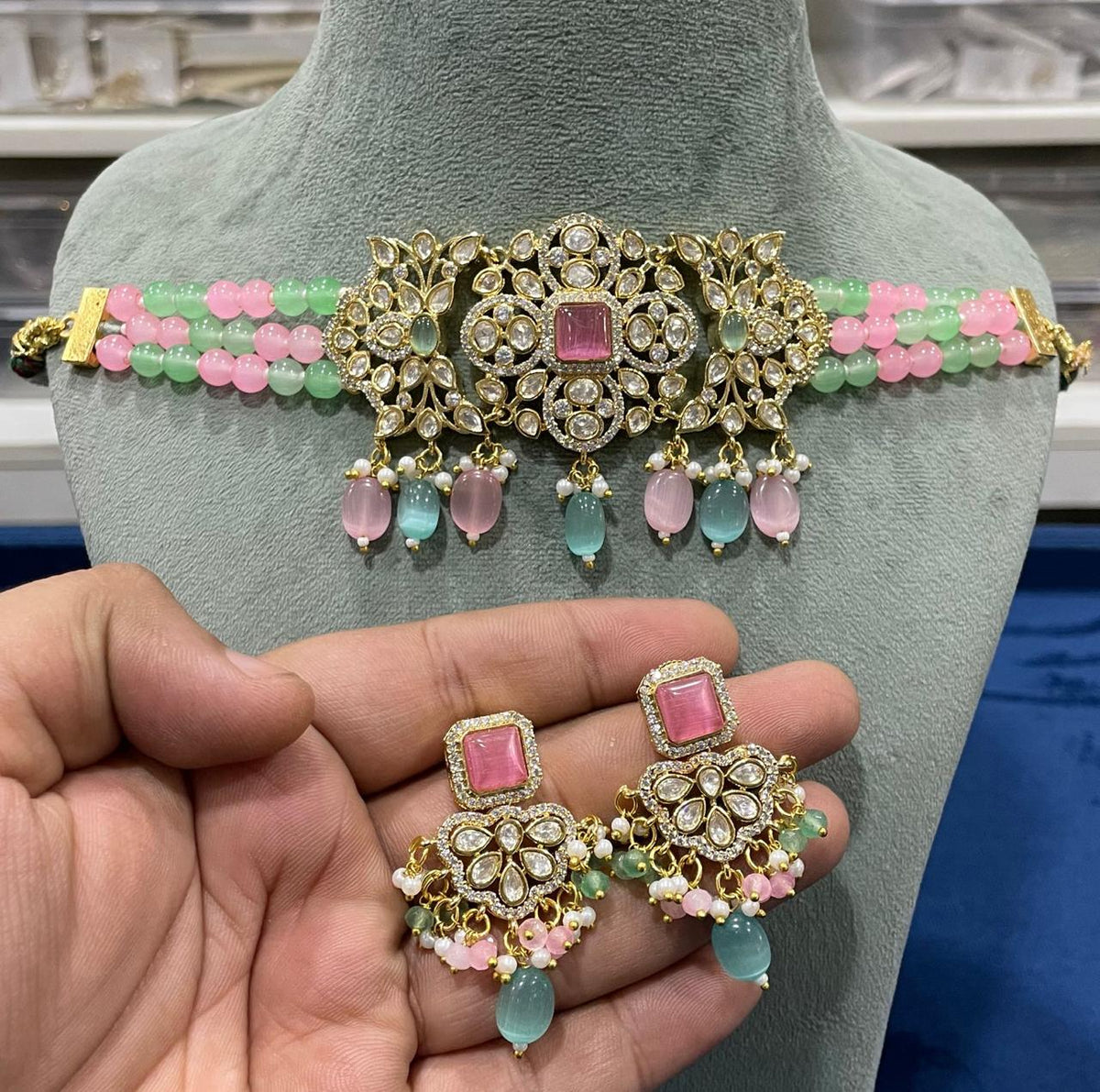 Celebrity Inspired AD Choker Earrings Set, CZ Celebrity Choker, Celebrity CZ Earrings Set, Celebrity AD Jewellery Set, Bollywood CZ Necklace Set - Libasaa.com