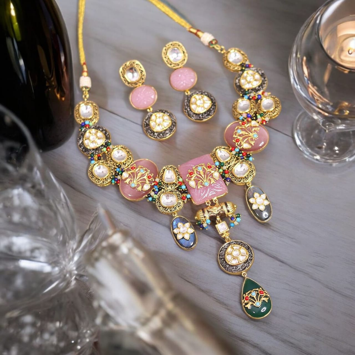 Bollywood Celeb Meenakari CZ Earrings Jewelry, Celeb AD Necklace, Celeb CZ Earrings Set, Celeb AD Jewellery Set - Libasaa.com