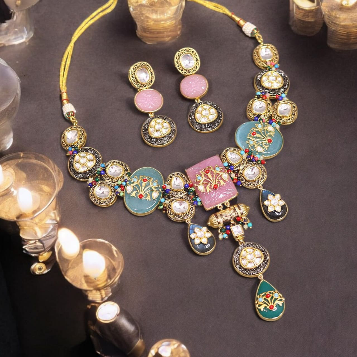 Bollywood Celeb Meenakari CZ Earrings Jewelry, Celeb AD Necklace, Celeb CZ Earrings Set, Celeb AD Jewellery Set - Libasaa.com