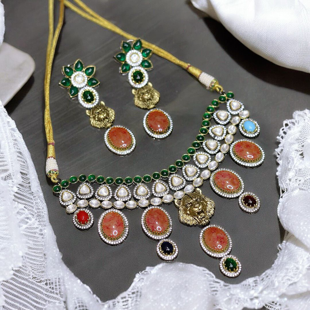 Indian Celebrity Stylish AD Necklace Earrings Set, Celebrity CZ Necklace Set, Celebrity Inspired AD Jewellery Set, Meenakari CZ Earrings, Bridal AD Meenakari Set, Pakistani AD Set - Libasaa.com