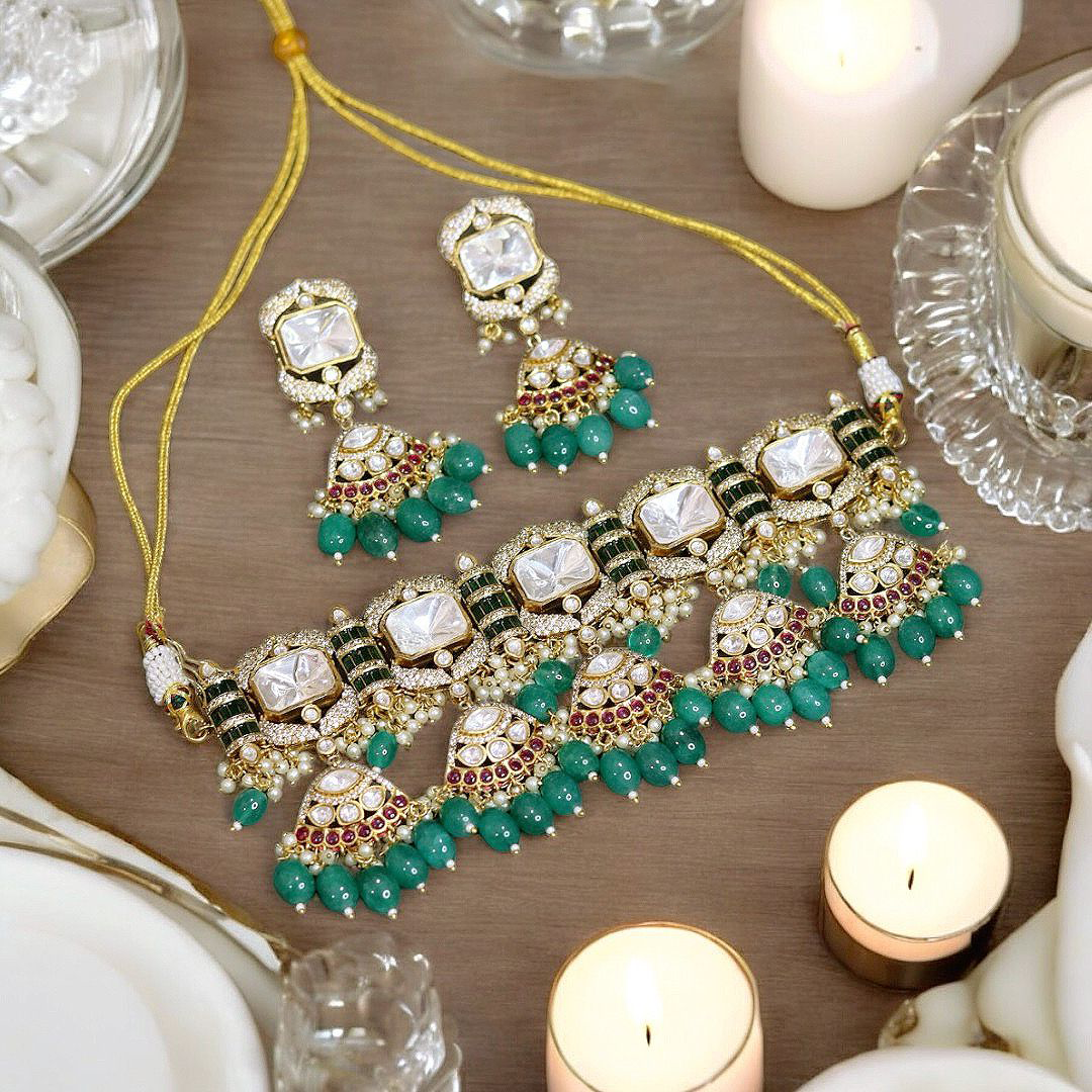 Stylish Designed AD Choker Earrings Set, Stylish AD Jewelry, Stylish CZ Choker Set, Bridal AD jewellery Set, Pakistani AD Choker Set, Pakistani AD Earrings Set - Libasaa.com