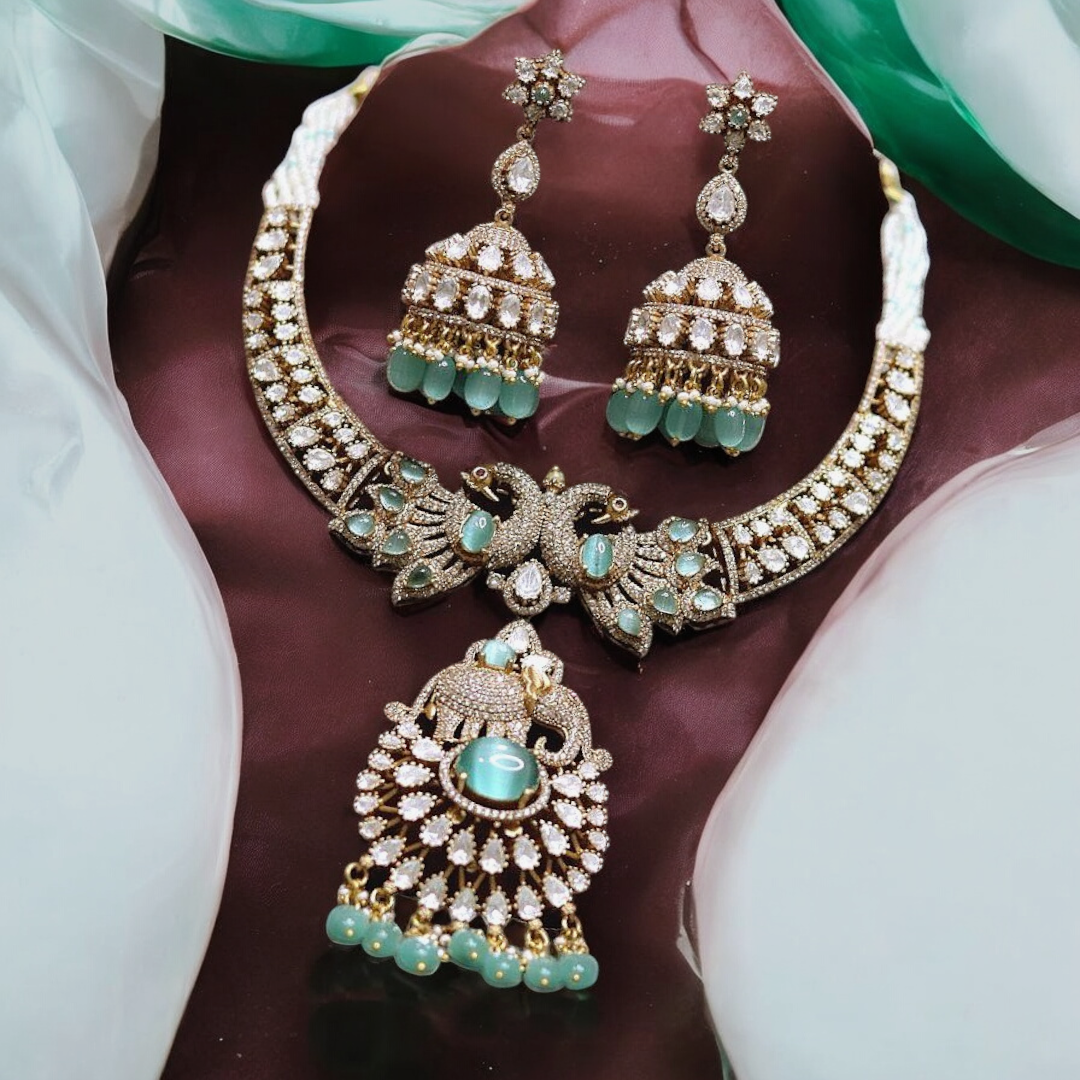 Premium Quality Kundan Peacock & Elephant Style Necklace Set, adorned with AD stones and pearl drop polki kundan Necklace Set - Libasaa.com