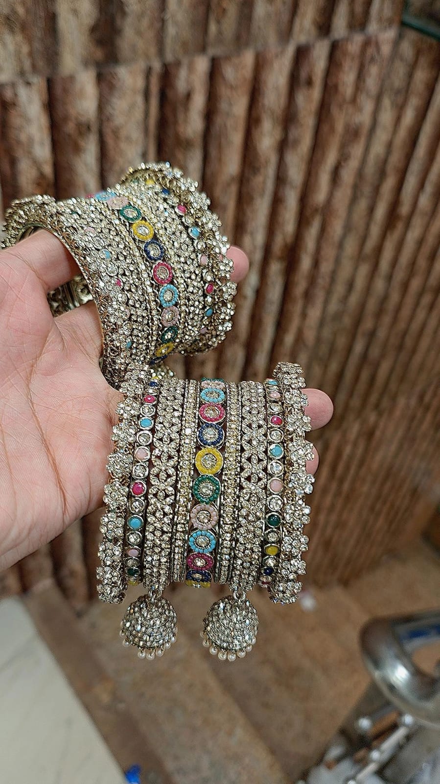 Indian Jhumki Brass Stones Bangle Set | Multi-Stone Bridal Bangles Set | Traditional Indian Jewellery by Libasaa