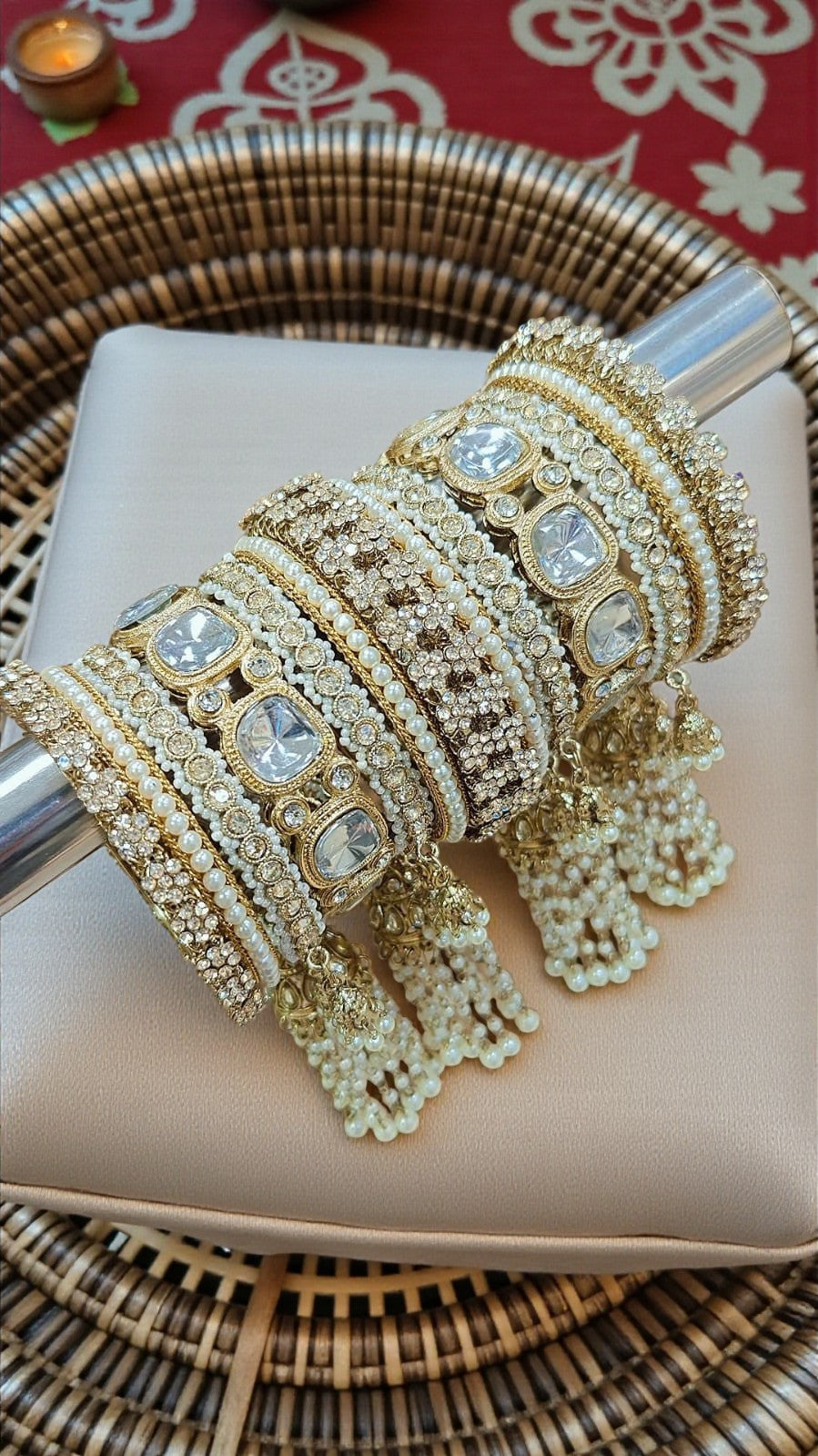 Indian Kundan Stone Moti Bangle Set | Indian Jewellery | Jhumar & Moti Stone Touch Look Bridal Bangle Set | Premium Indian Bangles Set