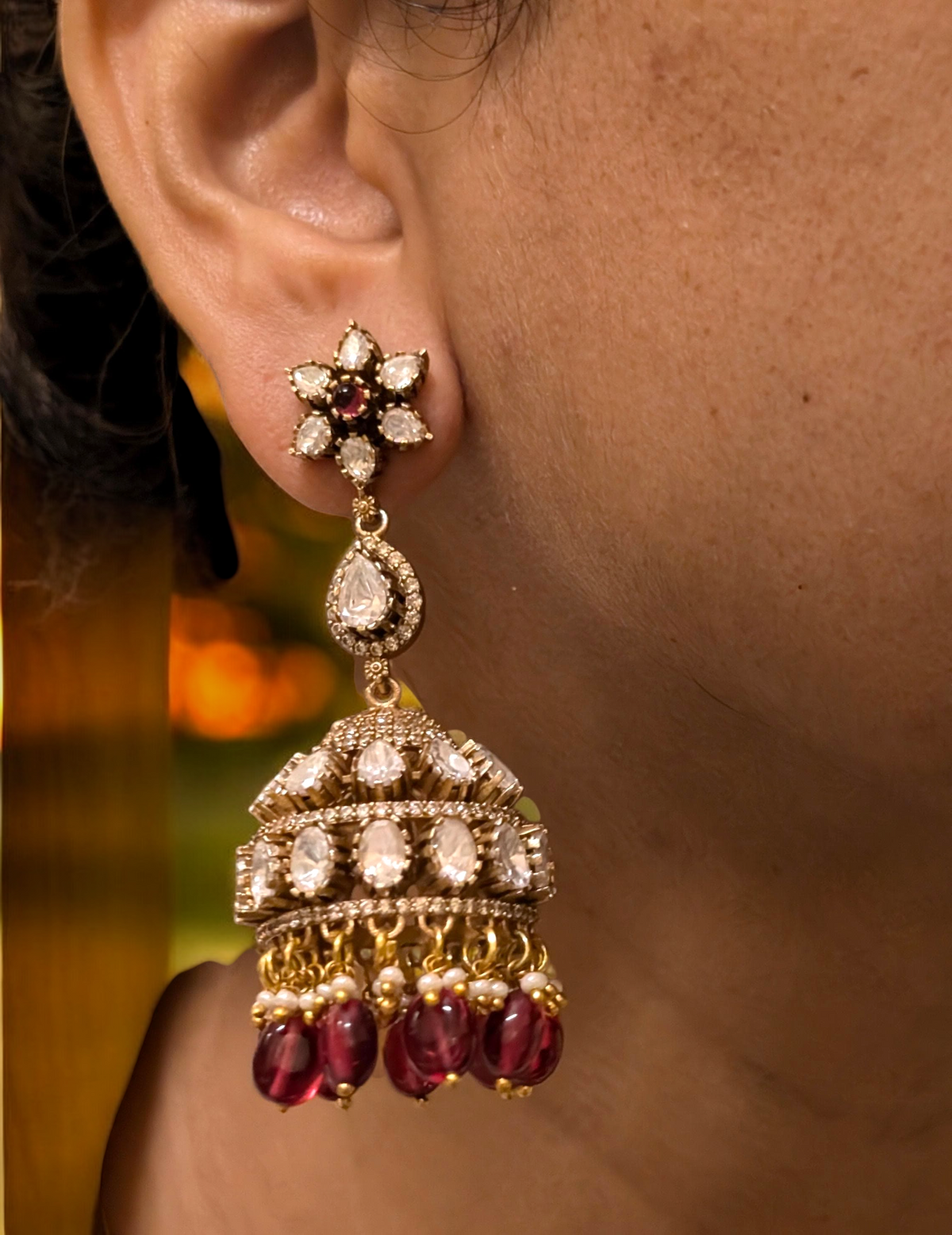 Gold Plated Red Peacock AD Necklace CZ Jhumka Set, Gold Plated AD Jewellery Set, Peacock Inspired AD Necklace Earrings Set, Peacock CZ Necklace Set - Libasaa.com