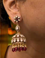 Gold Plated Red Peacock AD Necklace CZ Jhumka Set, Gold Plated AD Jewellery Set, Peacock Inspired AD Necklace Earrings Set, Peacock CZ Necklace Set - Libasaa.com