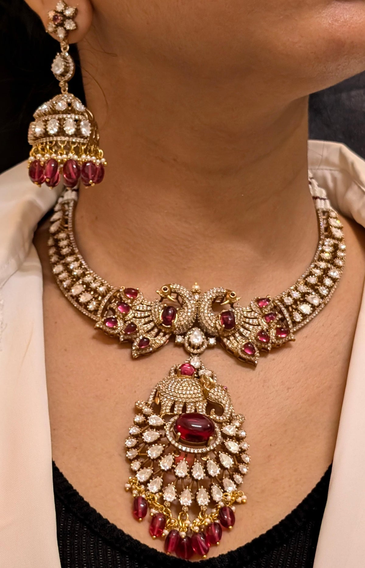 Gold Plated Red Peacock AD Necklace CZ Jhumka Set, Gold Plated AD Jewellery Set, Peacock Inspired AD Necklace Earrings Set, Peacock CZ Necklace Set - Libasaa.com