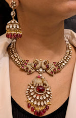 Gold Plated Red Peacock AD Necklace CZ Jhumka Set, Gold Plated AD Jewellery Set, Peacock Inspired AD Necklace Earrings Set, Peacock CZ Necklace Set - Libasaa.com