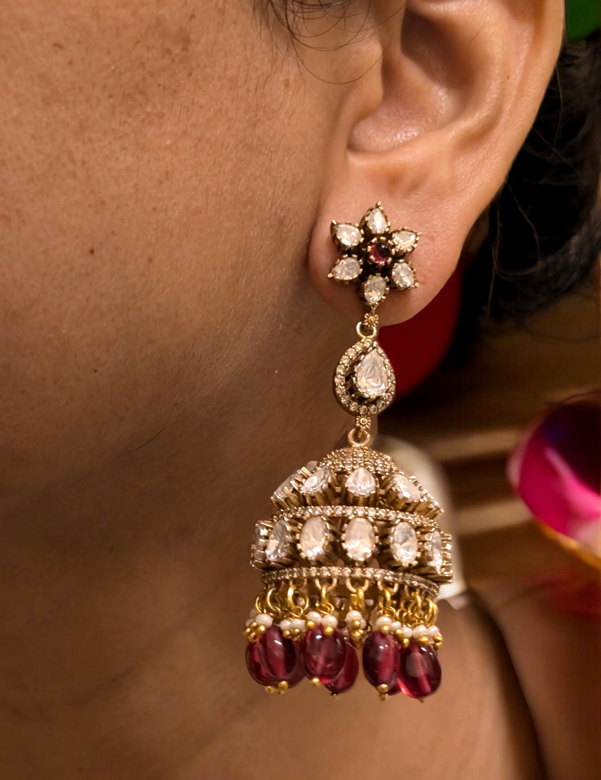 Gold Plated Red Peacock AD Necklace CZ Jhumka Set, Gold Plated AD Jewellery Set, Peacock Inspired AD Necklace Earrings Set, Peacock CZ Necklace Set - Libasaa.com