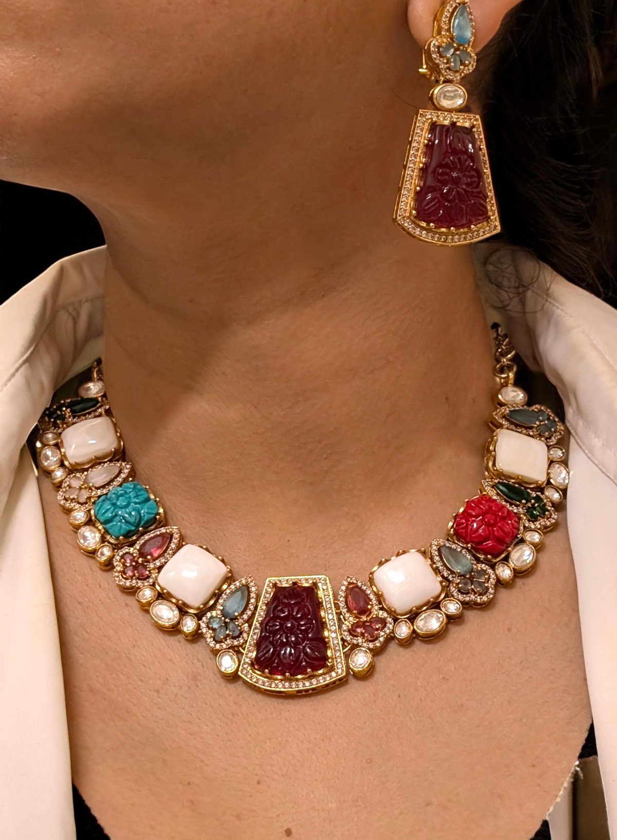 Rajsthani Handcrafted AD Choker Earrings Set, Rajsthani Choker Set, Rajwadi Necklace Earrings Set, Indian AD Choker Set, Rajsthani AD Jewellery Set, Rajsthani Handcrafted Jewelry Set - Libasaa.com