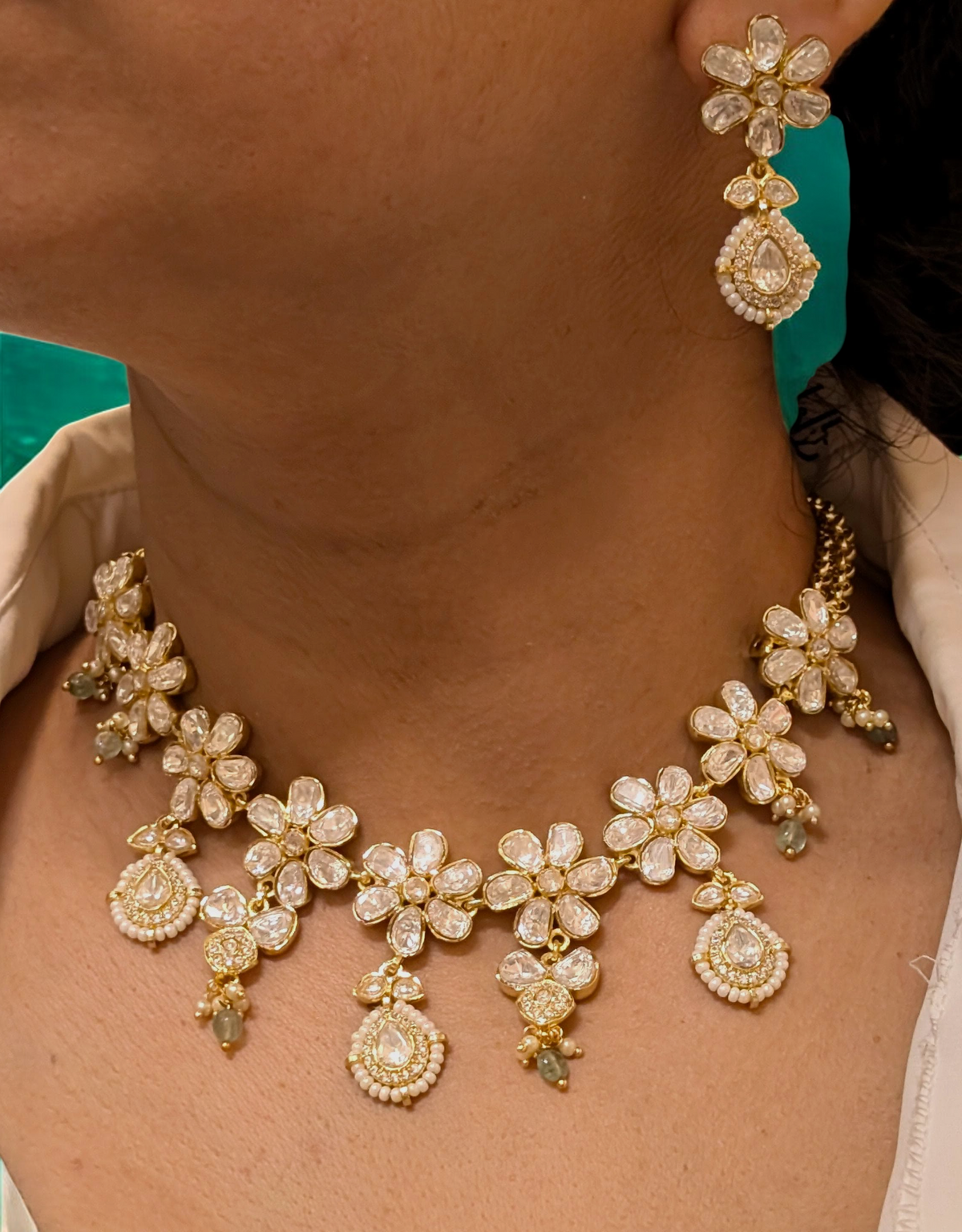 Bollywood Floral AD Necklace Earrings Set, CZ Floral Jewelry Set, AD Celeb Floral Necklace Set, AD Necklace Set, Necklace Set, AD Earrings Set - Libasaa.com