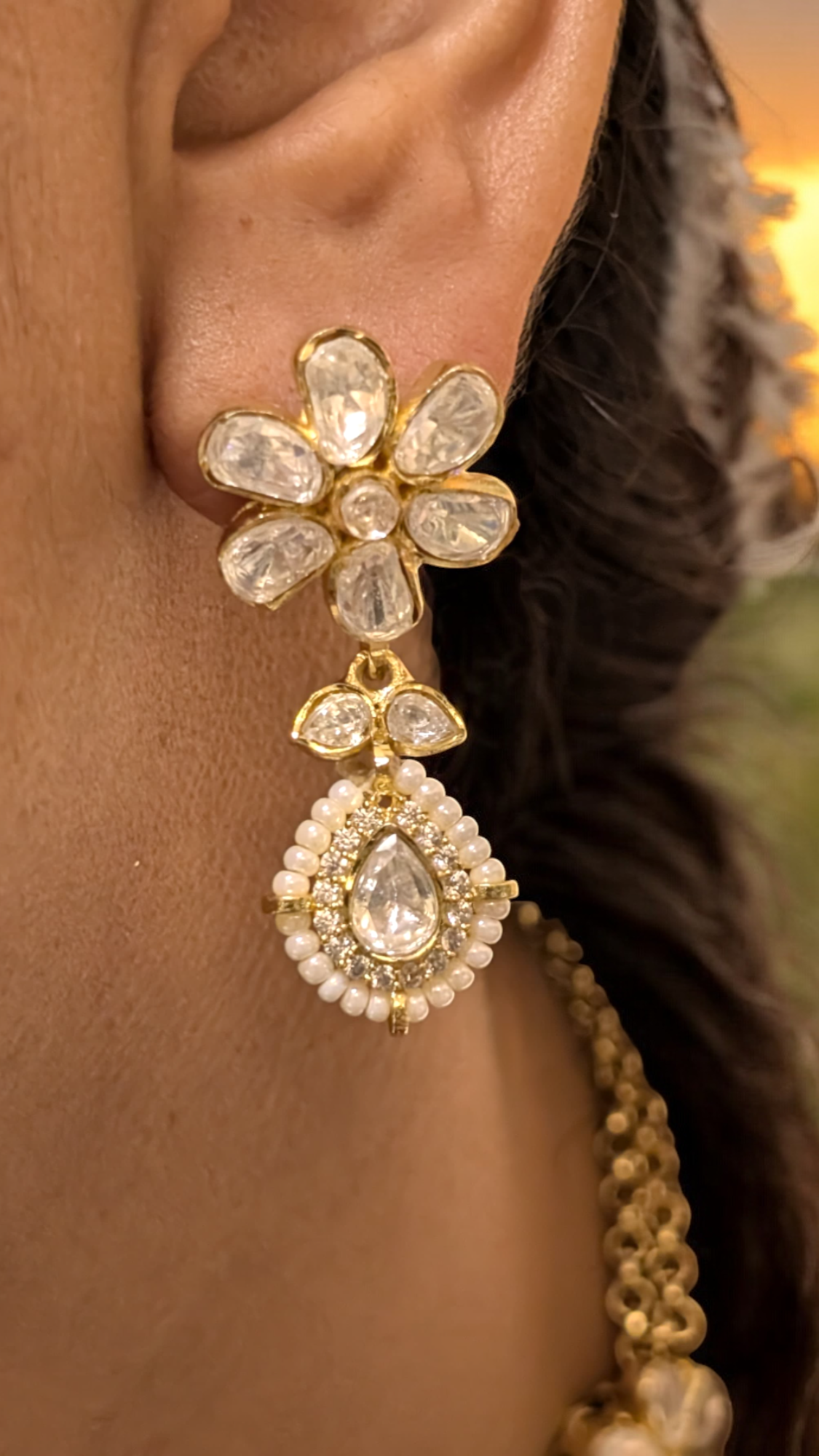 Bollywood Floral AD Necklace Earrings Set, CZ Floral Jewelry Set, AD Celeb Floral Necklace Set, AD Necklace Set, Necklace Set, AD Earrings Set - Libasaa.com