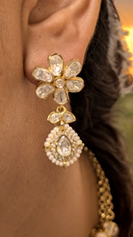 Bollywood Floral AD Necklace Earrings Set, CZ Floral Jewelry Set, AD Celeb Floral Necklace Set, AD Necklace Set, Necklace Set, AD Earrings Set - Libasaa.com