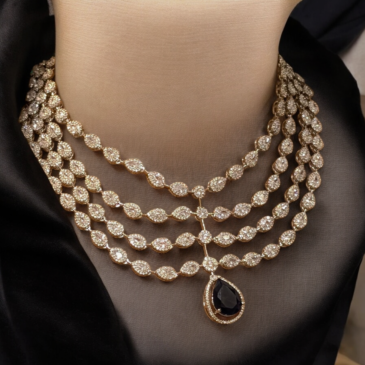 Actress Inspired CZ Layered Necklace Set, Indian AD Necklace, Bollywdood Actress AD Jewellery Set, Pakistani CZ Necklace, Pakistani AD Earrings Set - Libasaa.com