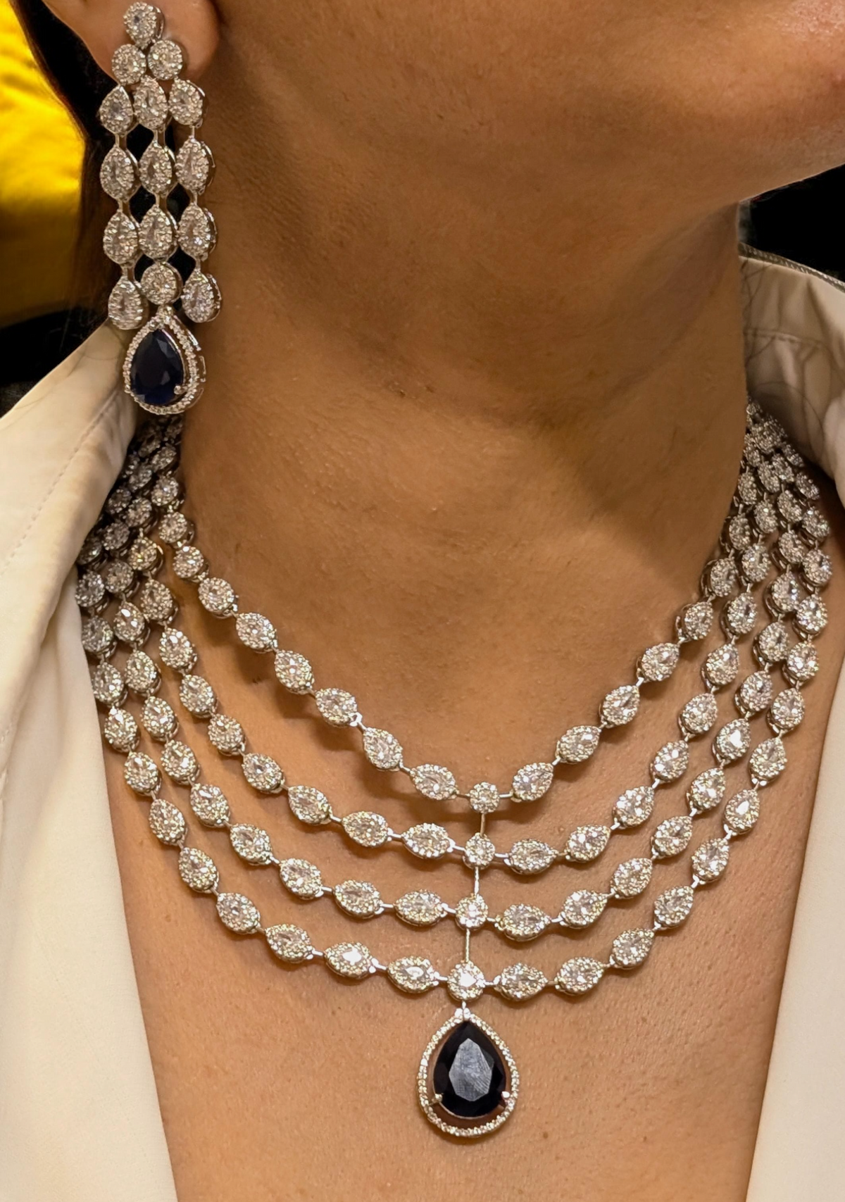 Actress Inspired CZ Layered Necklace Set, Indian AD Necklace, Bollywdood Actress AD Jewellery Set, Pakistani CZ Necklace, Pakistani AD Earrings Set - Libasaa.com