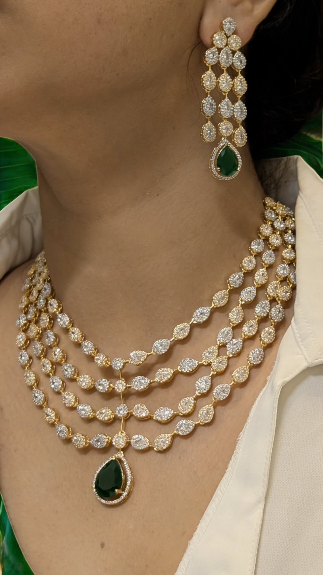 Actress Inspired CZ Layered Necklace Set, Indian AD Necklace, Bollywdood Actress AD Jewellery Set, Pakistani CZ Necklace, Pakistani AD Earrings Set - Libasaa.com