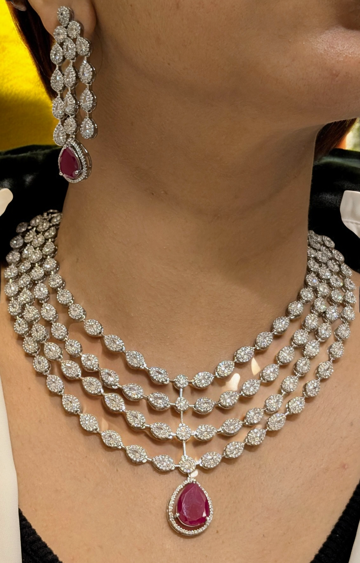 Actress Inspired CZ Layered Necklace Set, Indian AD Necklace, Bollywdood Actress AD Jewellery Set, Pakistani CZ Necklace, Pakistani AD Earrings Set - Libasaa.com