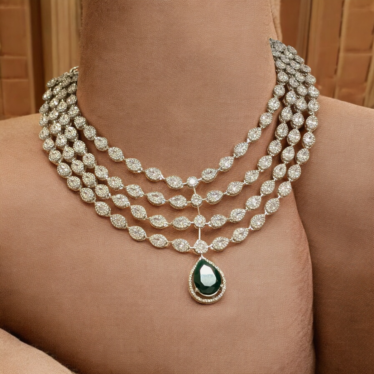 Actress Inspired CZ Layered Necklace Set, Indian AD Necklace, Bollywdood Actress AD Jewellery Set, Pakistani CZ Necklace, Pakistani AD Earrings Set - Libasaa.com