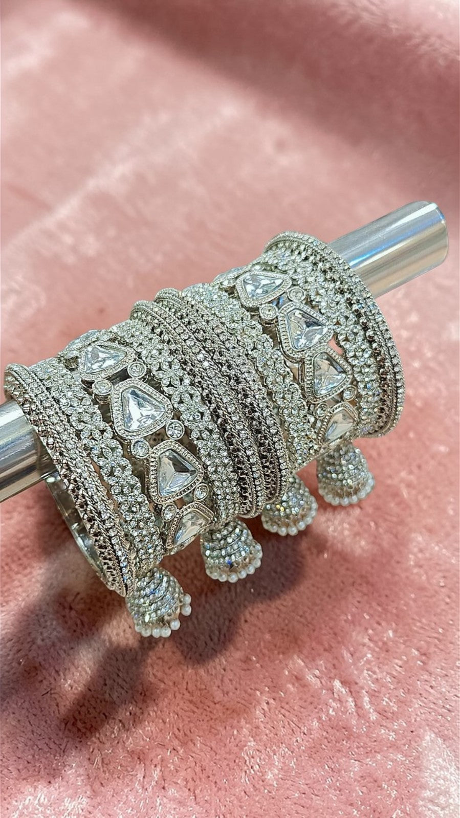 Indian Jhumki Silver Kundan Stone Jhumar Bangles Set | Bridal Bangle Set | Indian Bangles Set | Indian Jewellery