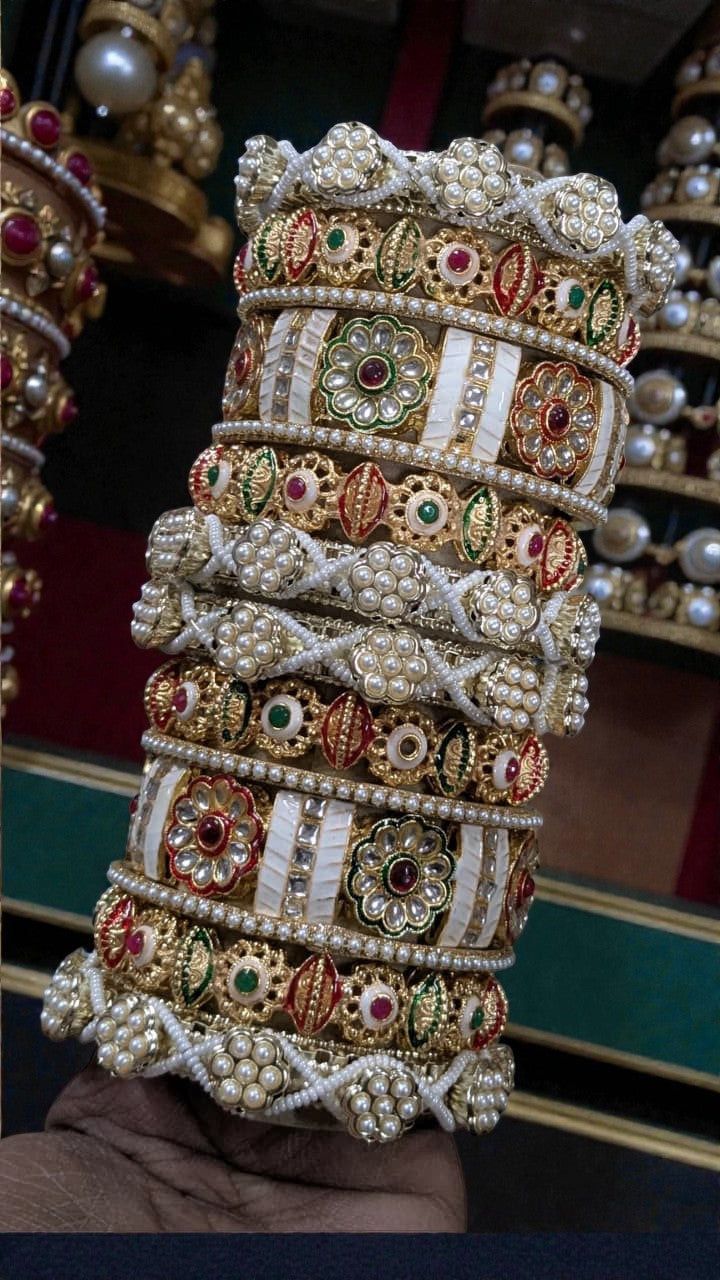 Royal Kundan Pearl Bridal Chura Bangle Set with Meenakari Work in Gold Finish | Indian Jewellery Bridal Bangles Set